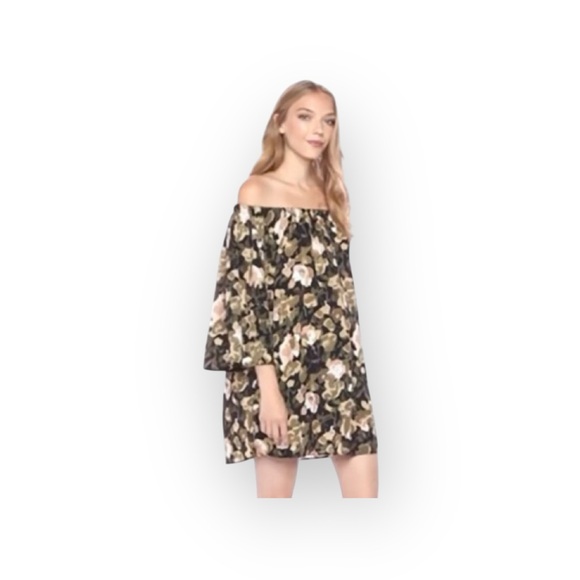 new French Connection 𑁍 Dream Floral Print Off Shoulder Mini Dress 𑁍 Olive 𑁍 XS - Picture 12 of 16